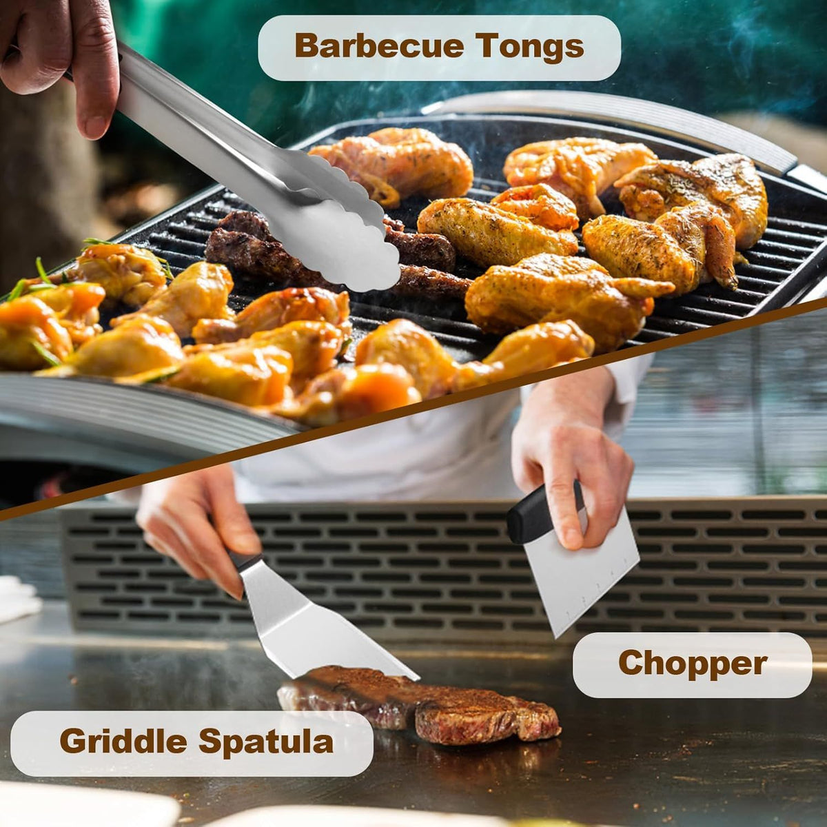 14PCS Stainless Steel BBQ Griddle Tool Kit with Carry Bag, Flat Top Grill Accessories Set for Blackstone and Camp Chef - 4 Grill Spatulas, Tong, Scraper, 2 Oil Bottles and Heart / Round Egg Rings for Outdoor Barbecue