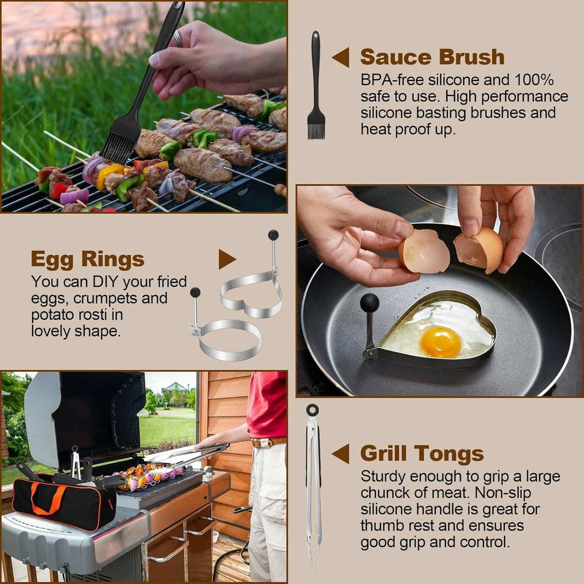 14PCS Stainless Steel BBQ Griddle Tool Kit with Carry Bag, Flat Top Grill Accessories Set for Blackstone and Camp Chef - 4 Grill Spatulas, Tong, Scraper, 2 Oil Bottles and Heart / Round Egg Rings for Outdoor Barbecue
