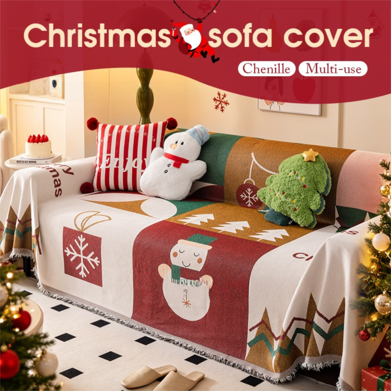 180 x 230 CM Christmas Jacquard Chenille Sofa Cover Throw Blanket with Tassel Fringe (Style 3), Elegant Festive Couch Protector Slipcover for Holiday Home Decor and Multi-Purpose Use