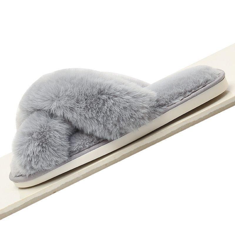 Cozy Winter Home Essentials Set - Grey 1 Pair Women's Plush Cross Band Faux Fur Slippers M Size & 2 Pairs Cute Teddy Bear Fuzzy Socks Set, Warm Indoor Lounge Gift Bundle with Non-Slip House Slides