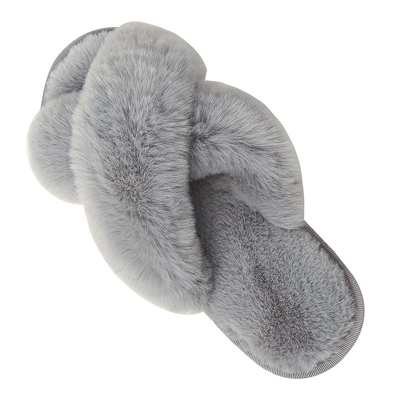 Cozy Winter Home Essentials Set - Grey 1 Pair Women's Plush Cross Band Faux Fur Slippers L Size & 2 Pairs Cute Teddy Bear Fuzzy Socks Set, Warm Indoor Lounge Gift Bundle with Non-Slip House Slides