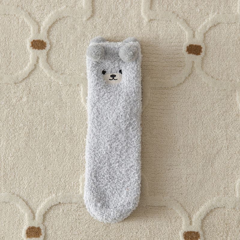 Cozy Winter Home Essentials Set - Grey 1 Pair Women's Plush Cross Band Faux Fur Slippers XL Size & 2 Pairs Cute Teddy Bear Fuzzy Socks Set, Warm Indoor Lounge Gift Bundle with Non-Slip House Slides