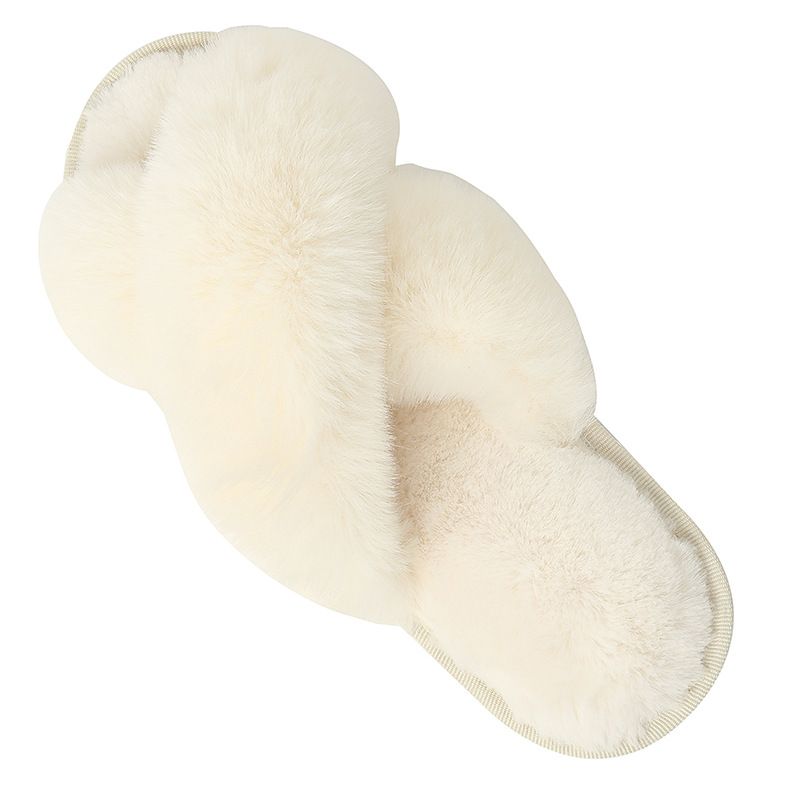 Cozy Winter Home Essentials Set - White 1 Pair Women's Plush Cross Band Faux Fur Slippers L Size & 2 Pairs Cute Teddy Bear Fuzzy Socks Set, Warm Indoor Lounge Gift Bundle with Non-Slip House Slides