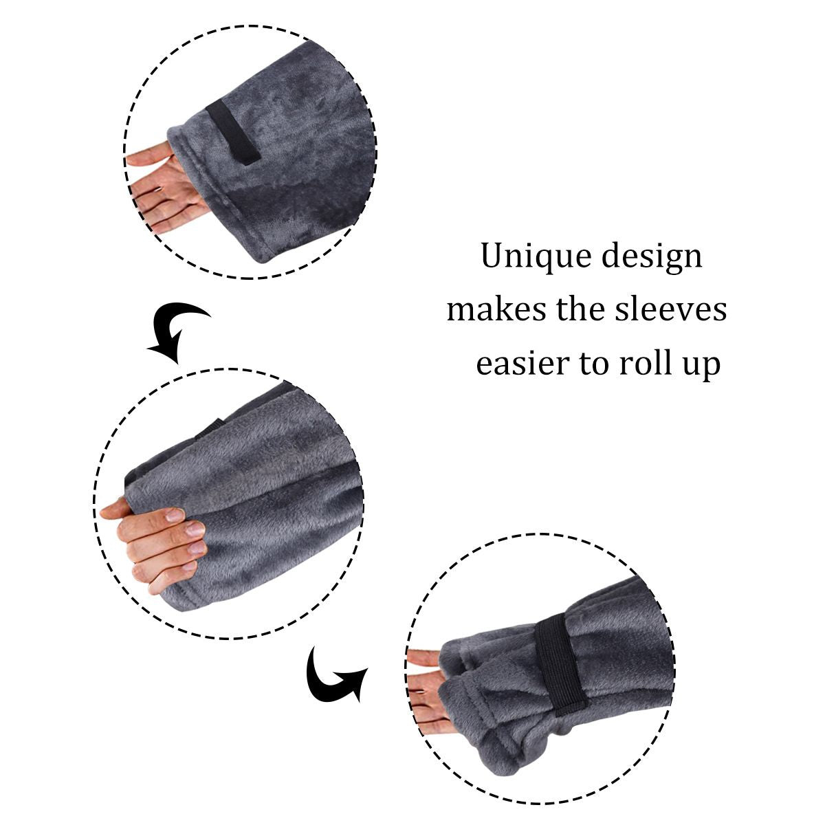 Winter Cozy Warm Loungewear Gift Set – 150 x 180CM Dark Grey Flannel Fleece Wearable Blanket with Adjustable Sleeves Large Front Pocket and Back Velcro Closure, Free M Size Sherpa Fleece Cable Knit Anti-Slip Slipper Socks for Home Relaxation
