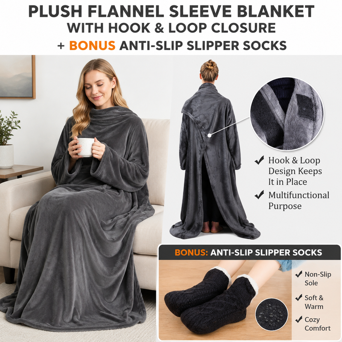 Winter Cozy Warm Loungewear Gift Set – 150 x 180CM Dark Grey Flannel Fleece Wearable Blanket with Adjustable Sleeves Large Front Pocket and Back Velcro Closure, Free L Size Sherpa Fleece Cable Knit Anti-Slip Slipper Socks for Home Relaxation