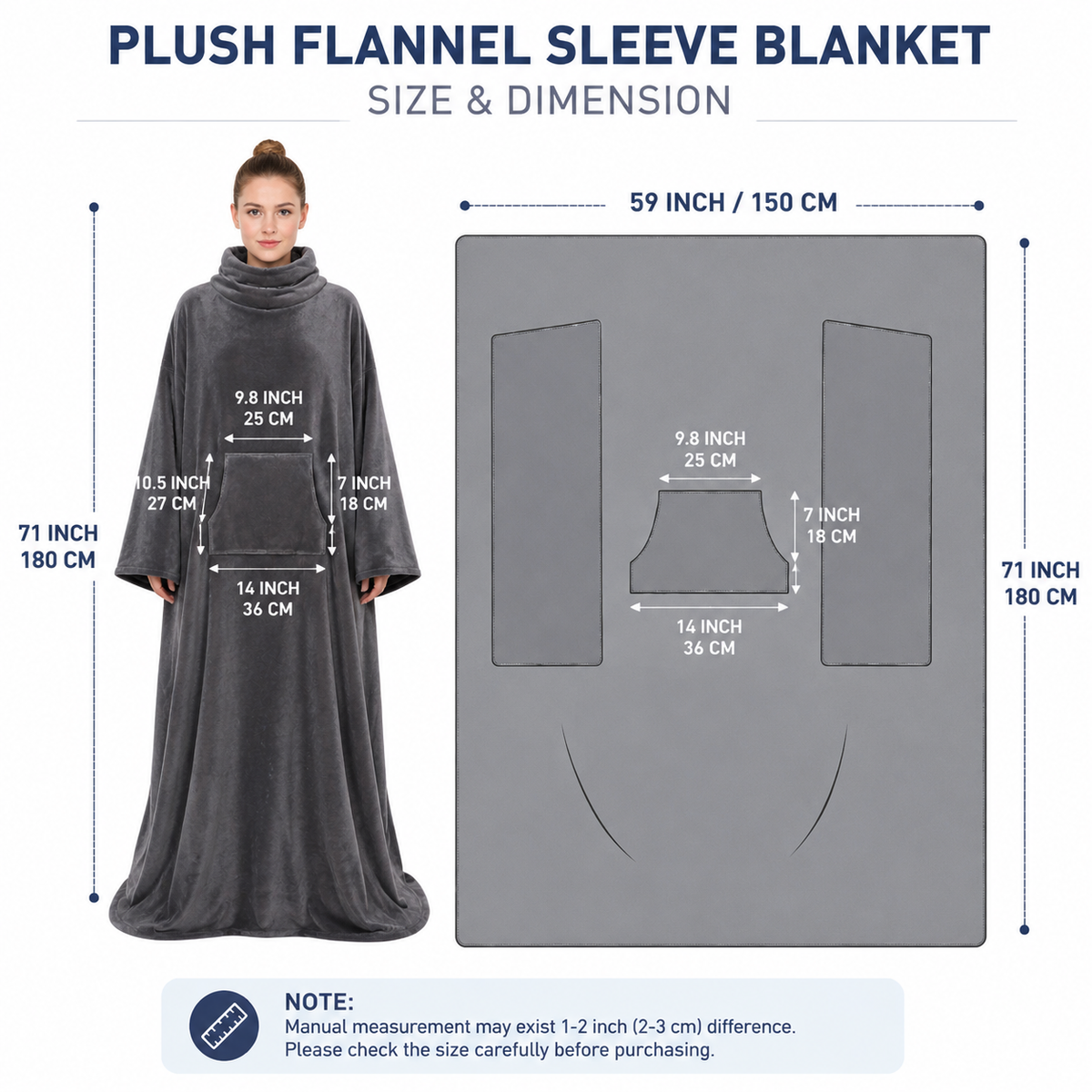 Winter Cozy Warm Loungewear Gift Set – 150 x 180CM Dark Grey Flannel Fleece Wearable Blanket with Adjustable Sleeves Large Front Pocket and Back Velcro Closure, Free L Size Sherpa Fleece Cable Knit Anti-Slip Slipper Socks for Home Relaxation