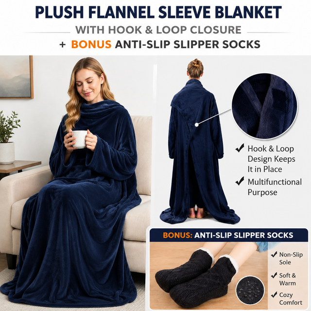 Winter Cozy Warm Loungewear Gift Set – 150 x 180CM Navy Blue Flannel Fleece Wearable Blanket with Adjustable Sleeves Large Front Pocket and Back Velcro Closure, Free M Size Sherpa Fleece Cable Knit Anti-Slip Slipper Socks for Home Relaxation
