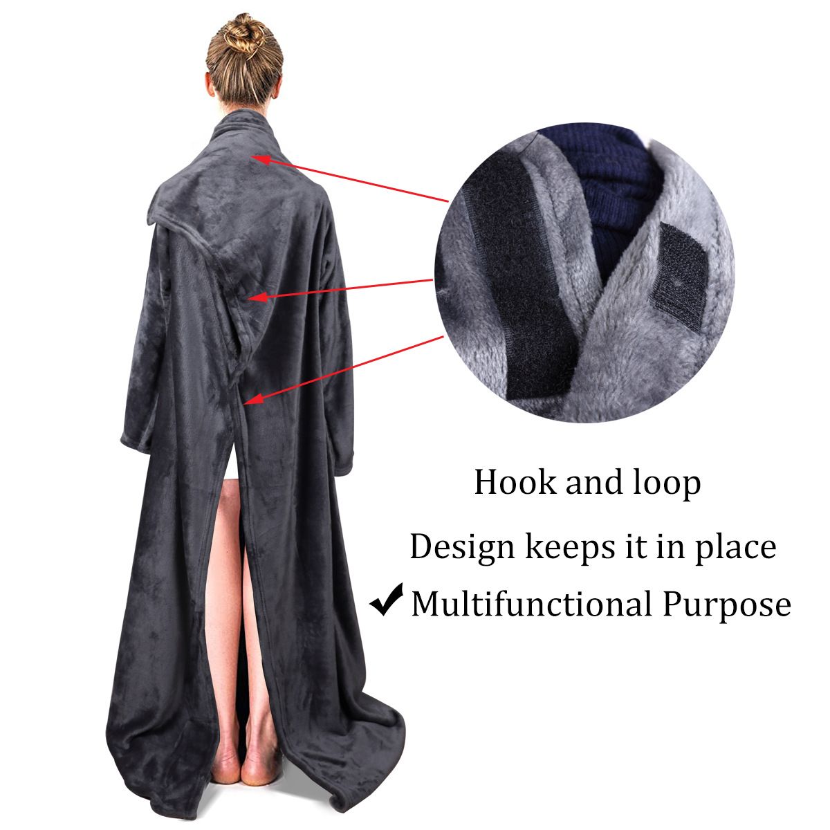 Winter Cozy Warm Loungewear Gift Set – 150 x 180CM Navy Blue Flannel Fleece Wearable Blanket with Adjustable Sleeves Large Front Pocket and Back Velcro Closure, Free M Size Sherpa Fleece Cable Knit Anti-Slip Slipper Socks for Home Relaxation