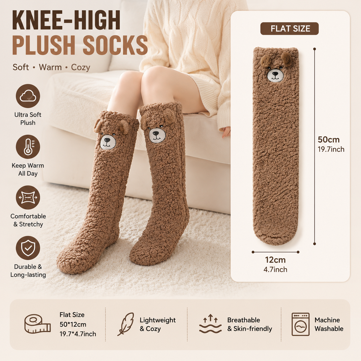 Coffee Winter Women’s Cute Bear Plush Knee High Slipper Socks – Warm Fleece Floor Socks and Sleeping Socks with Non-Slip Grips, One Size for EU 35-40