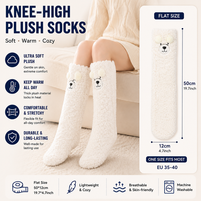 White Winter Women’s Cute Bear Plush Knee High Slipper Socks – Warm Fleece Floor Socks and Sleeping Socks with Non-Slip Grips, One Size for EU 35-40
