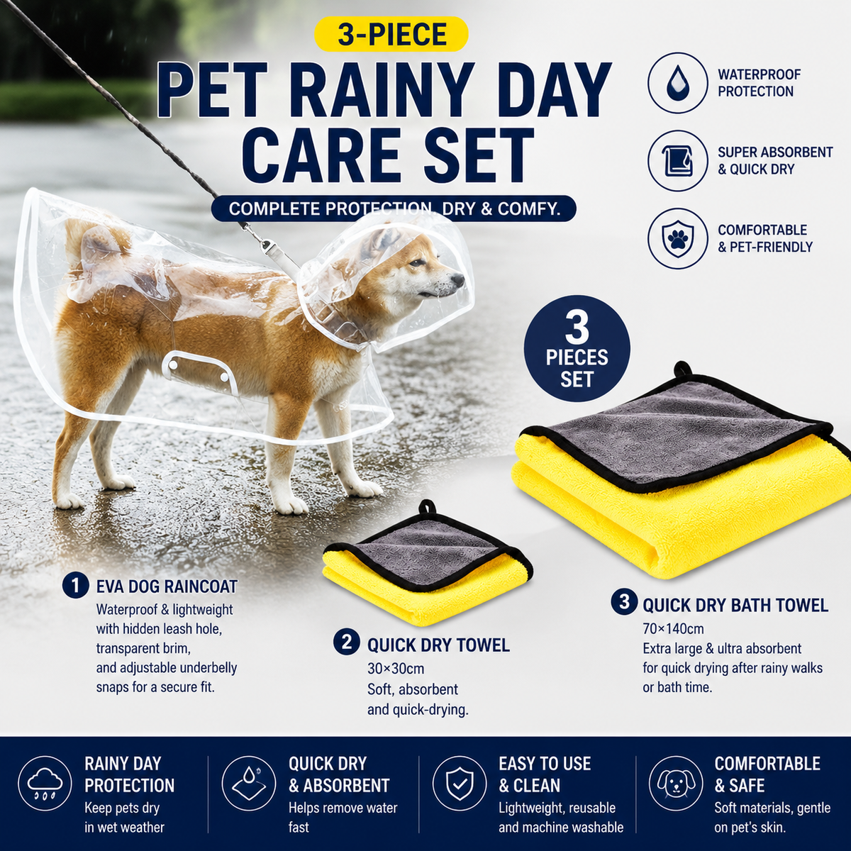3 Piece Rainy Day Pet Care Set - 3XL Size Waterproof Dog Hooded EVA Transparent Raincoat with Full-Coverage Poncho Design Adjustable Snaps and Leash Access, Free High Absorbency Quick Dry 30 × 30cm Towel and 140 × 70cm Large Bath Towel for Small Medium La