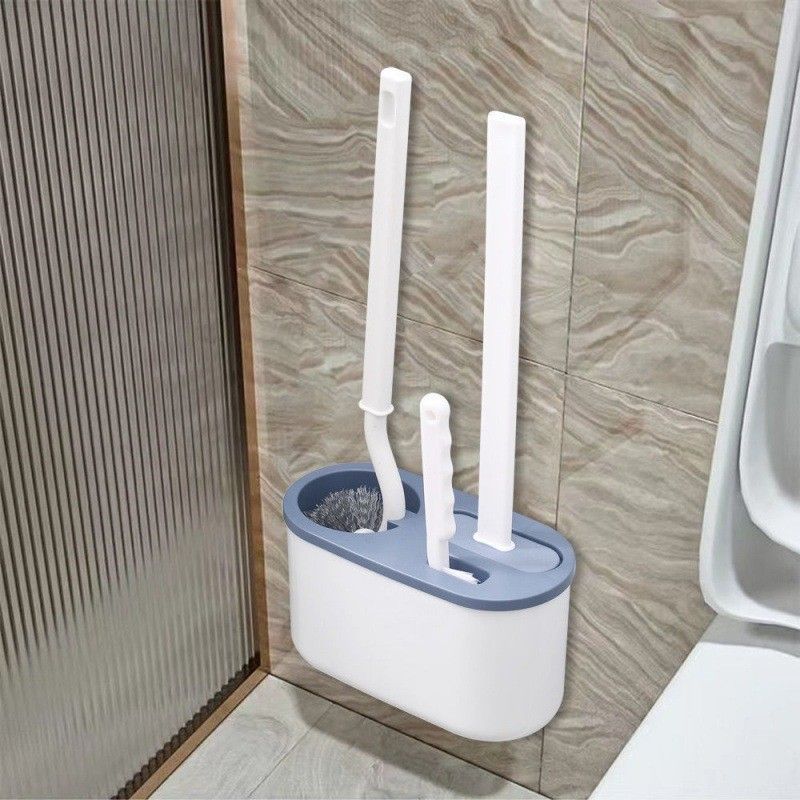 Blue Toilet Brush Set with Holder - 3-in-1 Wall Mounted Bathroom Cleaning Kit, TPR Soft Bristle & 360° Globe Brush, No-Drill Adhesive Base, Space Saving Design for Home, Apartment, Rental
