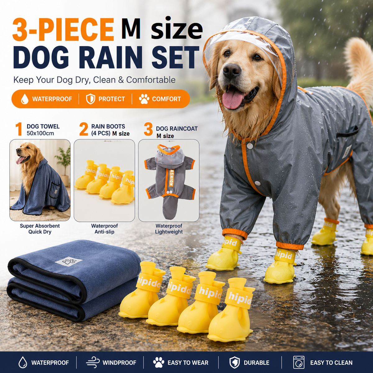 3 Piece Dog Rain Gear Set -M size  Pet Rainy Day Kit with Grey Waterproof Dog Raincoat,  yellow Waterproof Rain Boots Set of 4 and grey Super Absorbent Quick Dry Pet Towel for Small and Medium Dogs