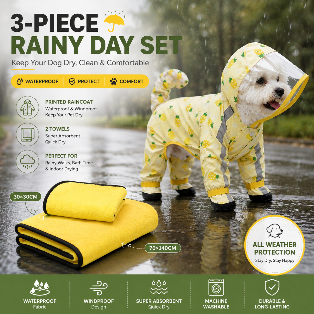 3-piece Dog Rainy Day Care Set with  Yellow M size Waterproof Raincoat, 30x30cm Paw Towel and 70x140cm Pet Bath Towel, Quick-Dry Pet Rain Protection Kit for Small and Medium Dogs