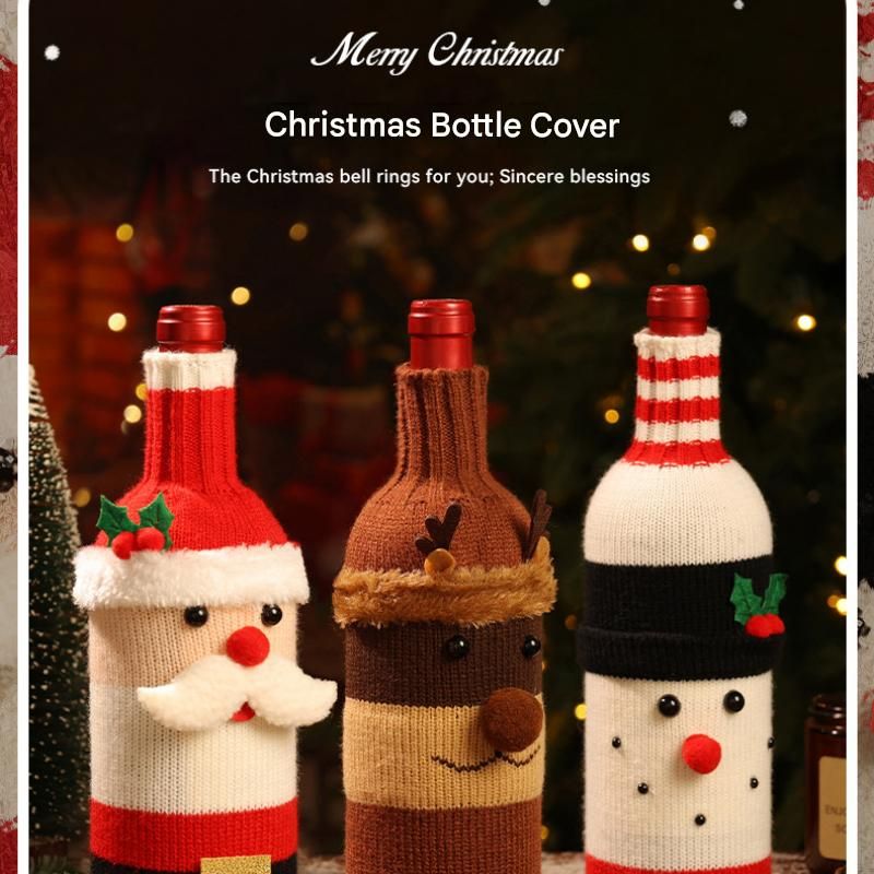 3-piece Santa Claus and Reindeer Snowman and Designs Style  Knitted Christmas Wine Bottle Cover - Festive Table Decor for Holiday Parties and Home Dining