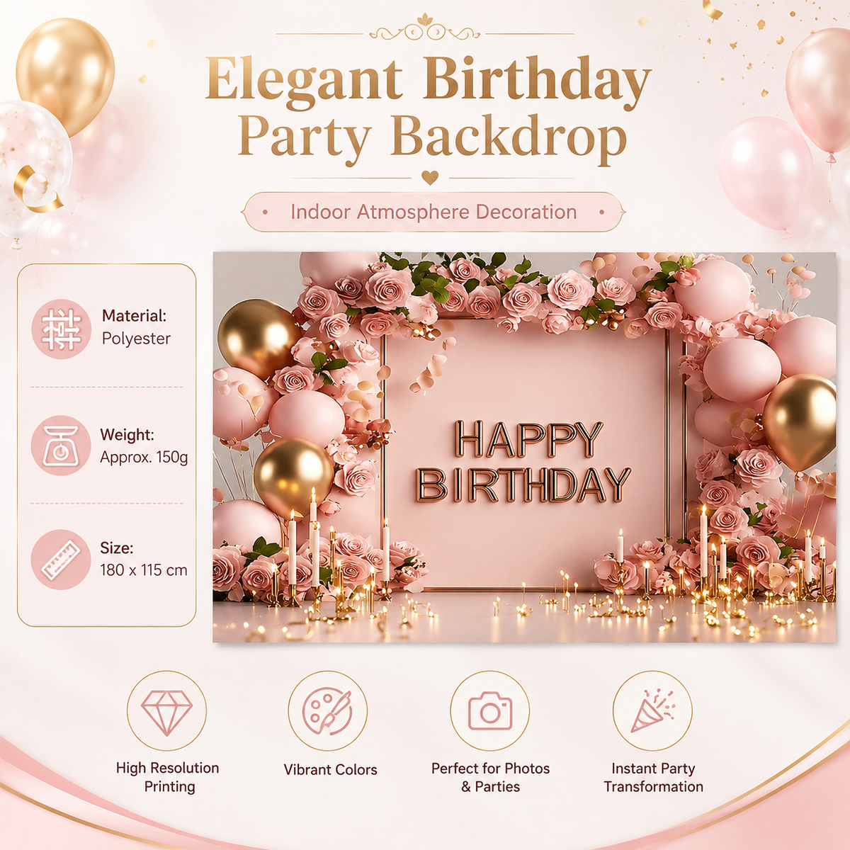 Birthday Party Backdrop and Rechargeable LED Candle Set - 180x115 cm Printed Floral, balloon, and candle patterns "Happy Birthday" polyester banner, includes 4 LED candles for Indoor Celebration Decor