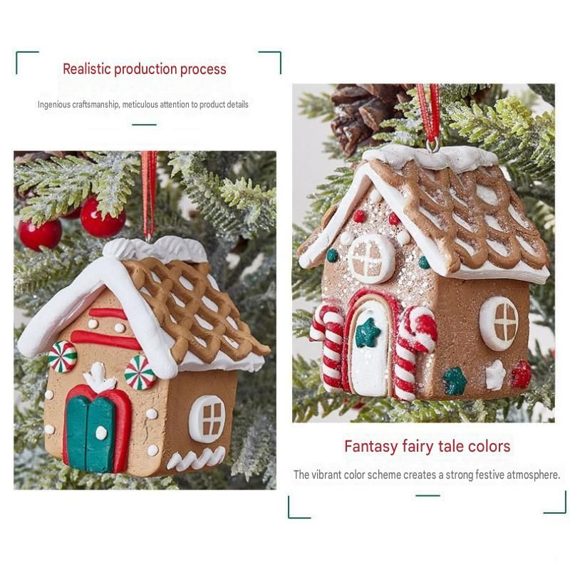 Dual-Candy Style Gingerbread House Christmas Tree Ornament - Made of polymer clay with snowflake details, perfect for Christmas decorations, suitable for home and window displays