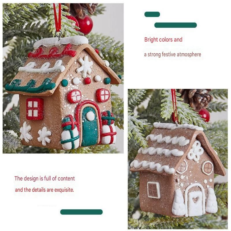 Dual-Candy Style Gingerbread House Christmas Tree Ornament - Made of polymer clay with snowflake details, perfect for Christmas decorations, suitable for home and window displays