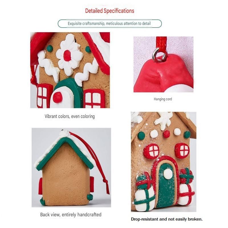 Dual-Candy Style Gingerbread House Christmas Tree Ornament - Made of polymer clay with snowflake details, perfect for Christmas decorations, suitable for home and window displays