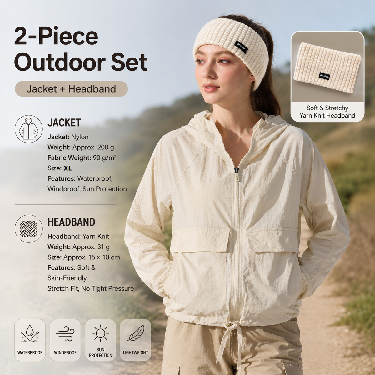Women's Lightweight Outdoor Windproof and warm set - Beige XL Size Waterproof Windproof  Sun Protection Hooded Raincoat and Beige Knitted Warm Headband Set for Hiking Travel Daily Wear