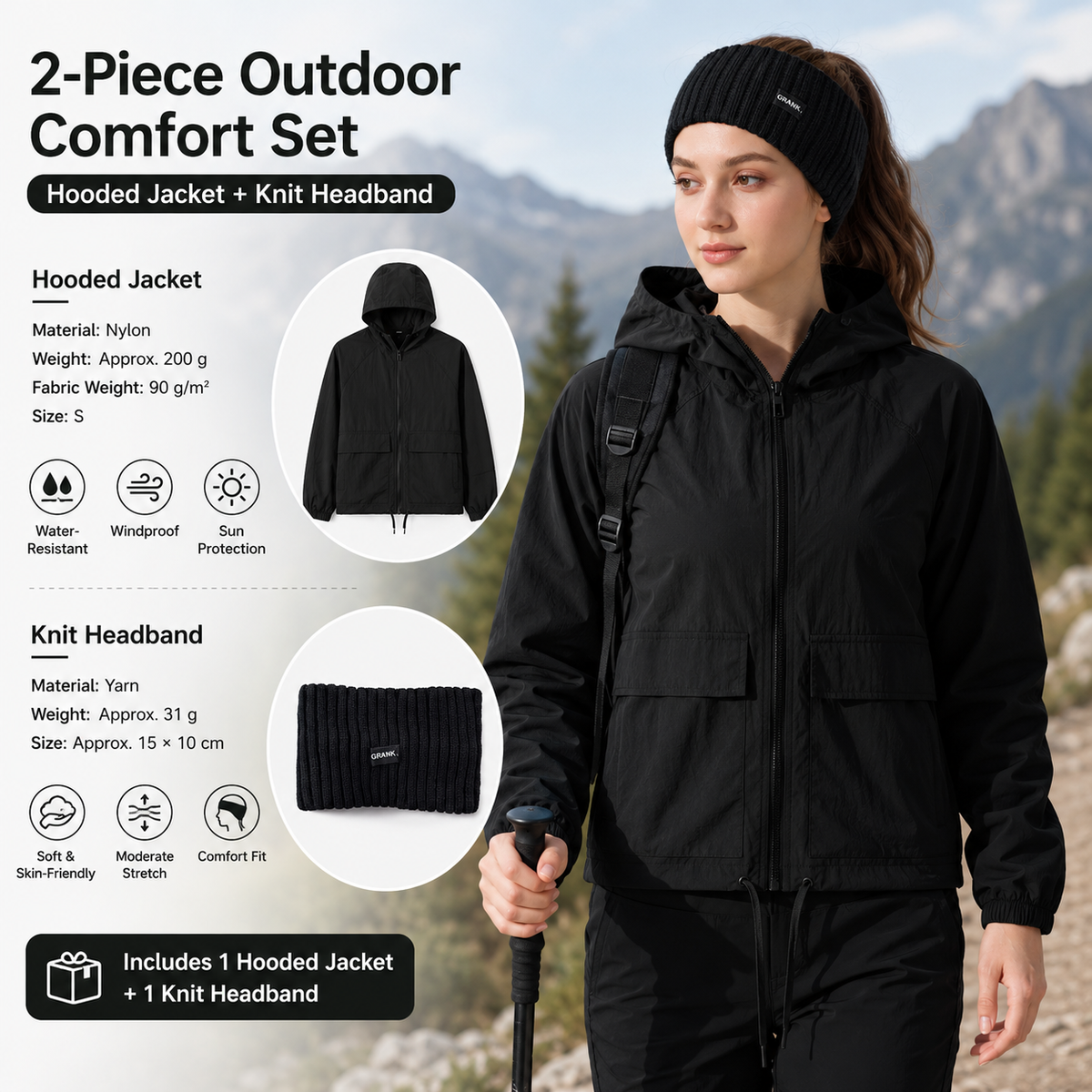 Women's Lightweight Outdoor Windproof and warm set - Black S Size Waterproof Windproof  Sun Protection Hooded Raincoat and Black Knitted Warm Headband Set for Hiking Travel Daily Wear