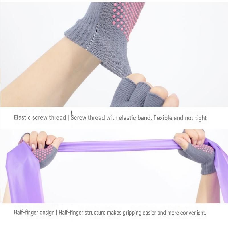 Purple Yoga Gloves and Five Toe Socks Set - Acrylic Knit Half Finger Gloves with Silicone Dots, Cotton Blend Non-Slip Socks for Pilates, Dance, and Indoor Fitness Training