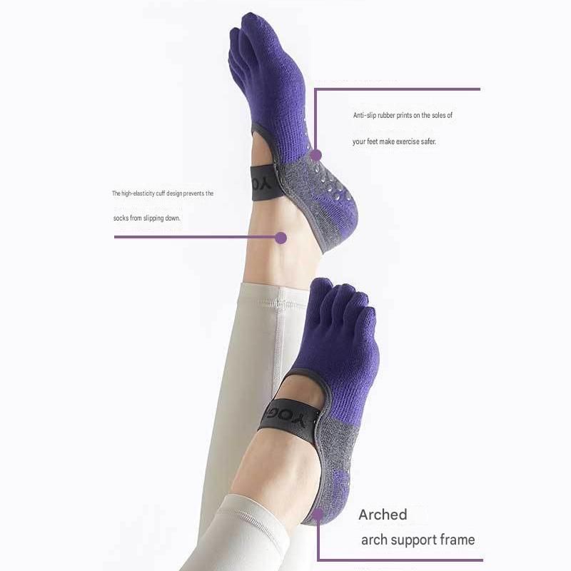 Purple Yoga Gloves and Five Toe Socks Set - Acrylic Knit Half Finger Gloves with Silicone Dots, Cotton Blend Non-Slip Socks for Pilates, Dance, and Indoor Fitness Training