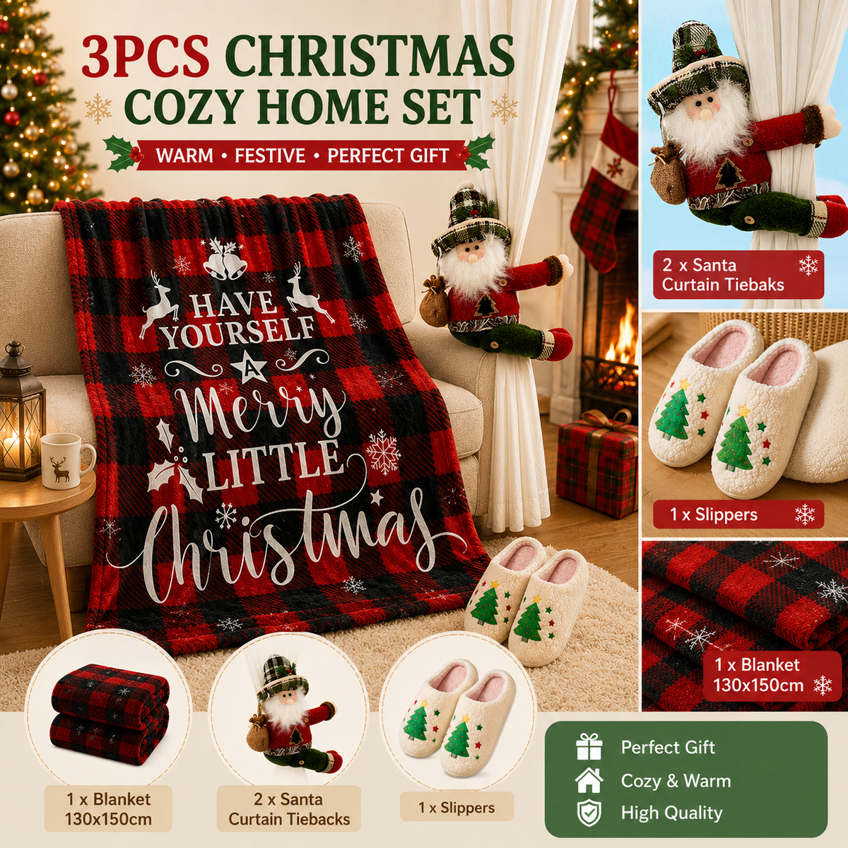 Christmas Home Comfort Set with Flannel Throw Blanket 130x150cm, Plush Indoor Slippers AU 4-5 and Santa Curtain Tiebacks, Cozy Holiday Gift Bundle