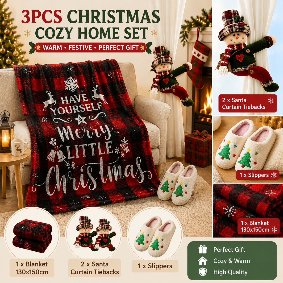 Christmas Home Comfort Set with Flannel Throw Blanket 130x150cm, Plush Indoor Slippers AU 8-9 and Snowman Curtain Tiebacks Set of 2, Festive Holiday Gift Bundle