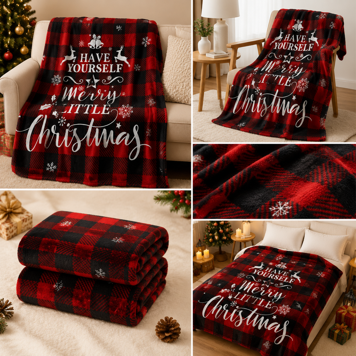 Christmas Home Comfort Set with Flannel Throw Blanket 130x150cm, Plush Indoor Slippers AU 12-13 and Snowman Curtain Tiebacks Set of 2, Festive Holiday Gift Bundle