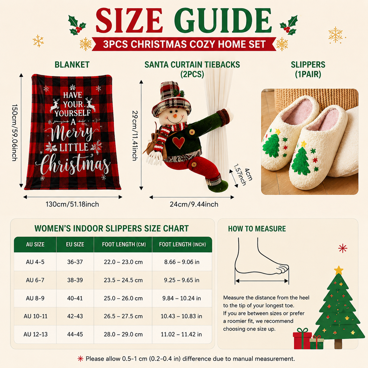 Christmas Home Comfort Set with Flannel Throw Blanket 130x150cm, Plush Indoor Slippers AU 12-13 and Snowman Curtain Tiebacks Set of 2, Festive Holiday Gift Bundle