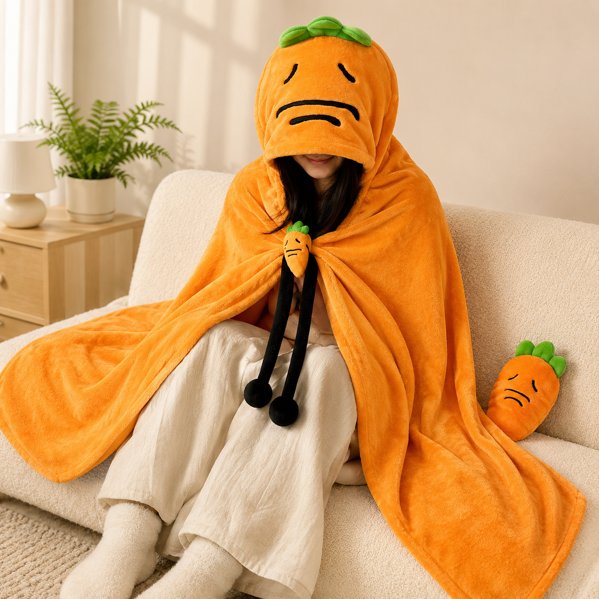 Carrot Hooded Blanket with Blue Memory Foam Lumbar Support Pillow, Cozy Wearable Throw Blanket and Ergonomic Back Cushion Set for Office, Home, Study and Relaxation