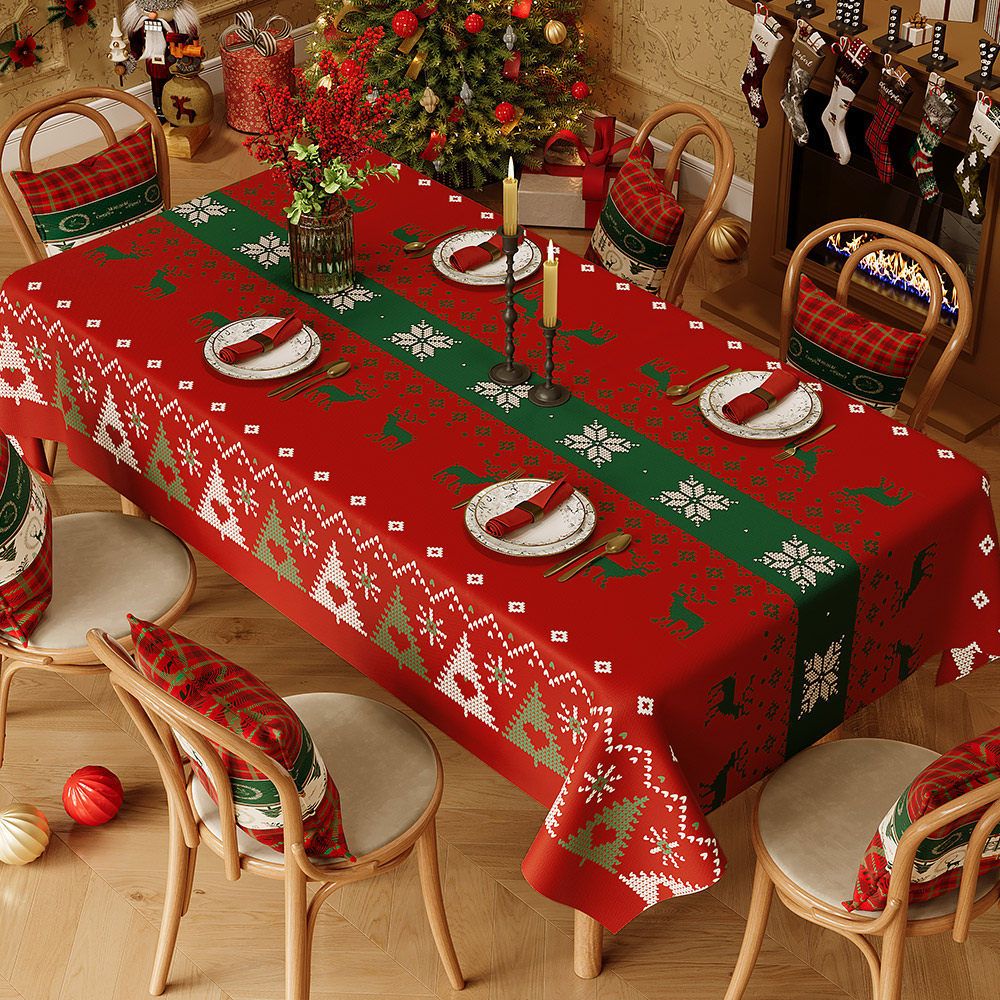 Christmas Waterproof Tablecloth (Reindeer Design) 140 x 200cm — Red festive dining tablecloth; oil-resistant and reusable; home décor that creates a holiday atmosphere.