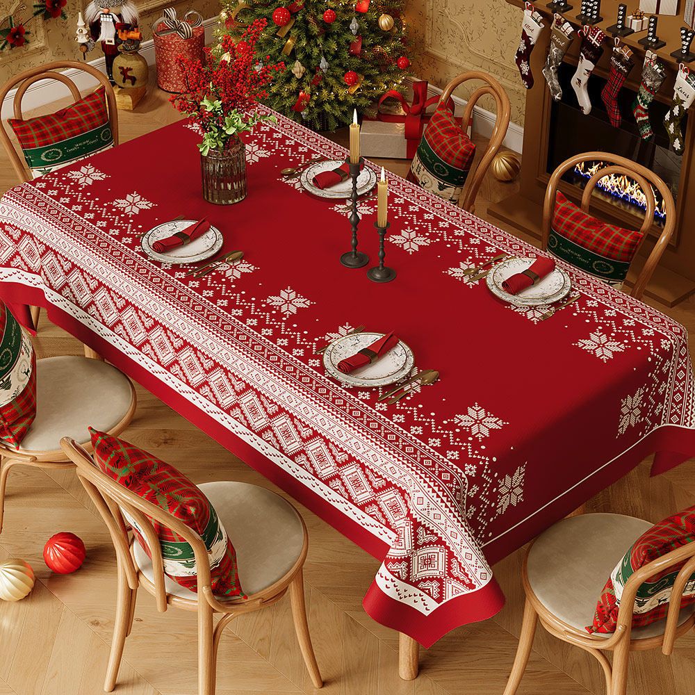 Christmas Waterproof Tablecloth (Snowflake pattern)140 x 140cm Festive Holiday Dining Table Cover Oil-Resistant Wipe Clean Christmas Home Decoration