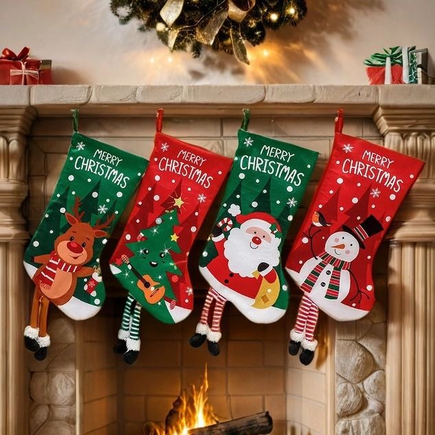 Christmas Reindeer Hanging Stocking - Festive Green Christmas Reindeer Design Hanging Sock with Dangling Legs Plush Holiday Fireplace Tree Decoration Gift Storage Bag for Home Seasonal Decor