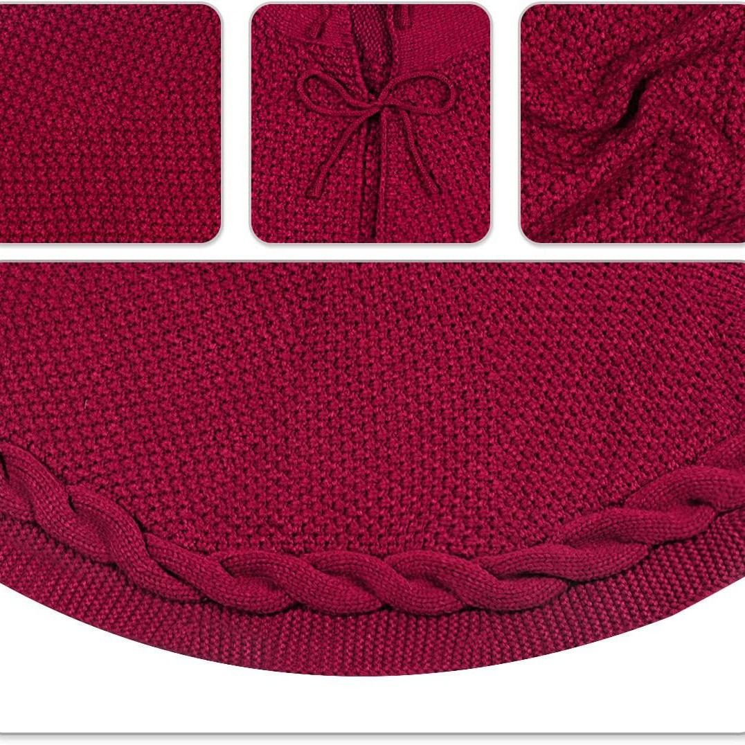 Knitted Christmas Tree Skirt 48 Inch Red Round Tree Base Cover with Cable Knit Border Soft Holiday Tree Skirt Rustic Christmas Decor for Home Fireplace Party Festive Gift Display