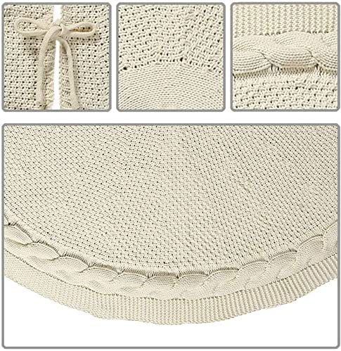 Knitted Christmas Tree Skirt 36 Inch White Round Tree Base Cover with Cable Knit Border Soft Holiday Tree Skirt Rustic Christmas Decor for Home Fireplace Party Festive Gift Display