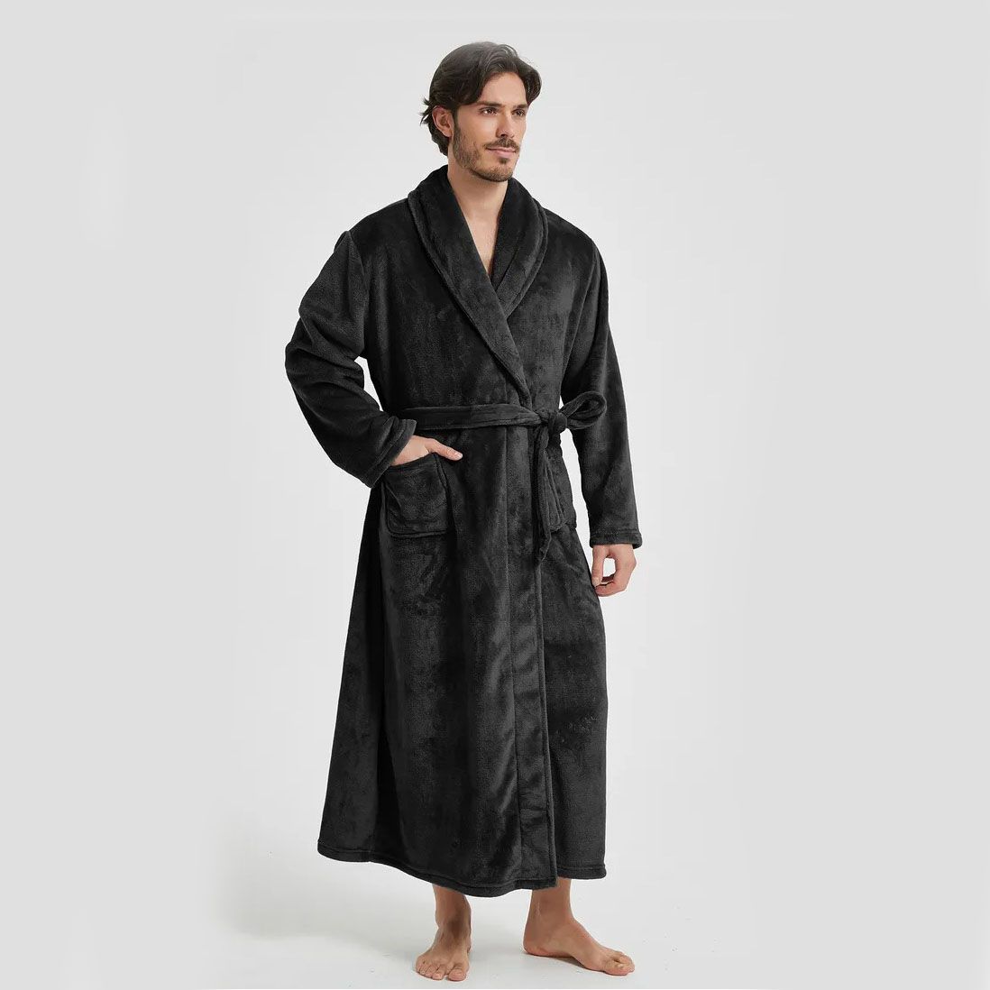 Men's Flannel Bathrobe Black M Size - Soft Coral Fleece Hooded Kimono Collar Dressing Gown Loose Fit Warm Comfortable Loungewear Home Spa Easy Care Machine Washable