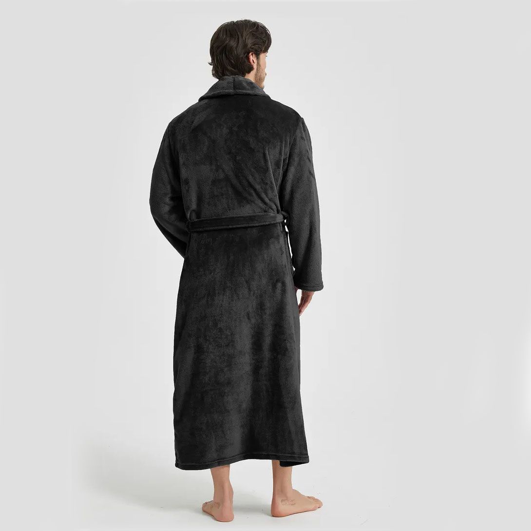 Men's Flannel Bathrobe Black XL Size - Soft Coral Fleece Hooded Kimono Collar Dressing Gown Loose Fit Warm Comfortable Loungewear Home Spa Easy Care Machine Washable