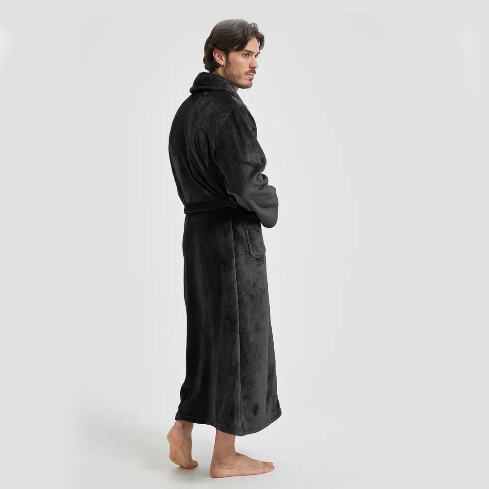 Men's Flannel Bathrobe Black XL Size - Soft Coral Fleece Hooded Kimono Collar Dressing Gown Loose Fit Warm Comfortable Loungewear Home Spa Easy Care Machine Washable