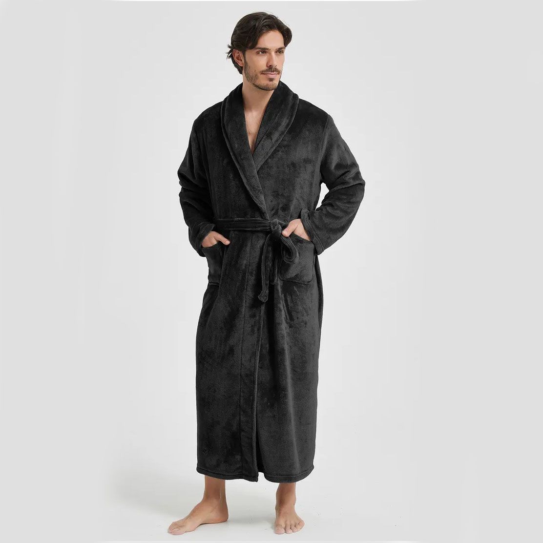 Men's Flannel Bathrobe Black XXL Size - Soft Coral Fleece Hooded Kimono Collar Dressing Gown Loose Fit Warm Comfortable Loungewear Home Spa Easy Care Machine Washable