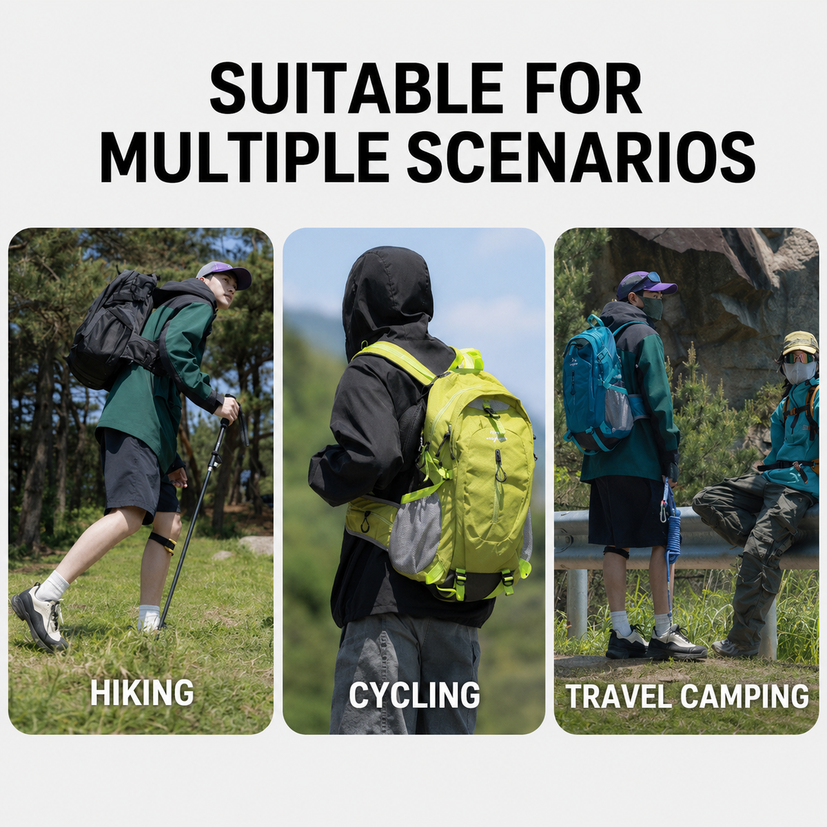 Black Hiking Backpack with 5 Carabiners Included – Lightweight Waterproof Outdoor Daypack for Men and Women, Breathable Cycling Hiking Trekking Camping Travel Backpack