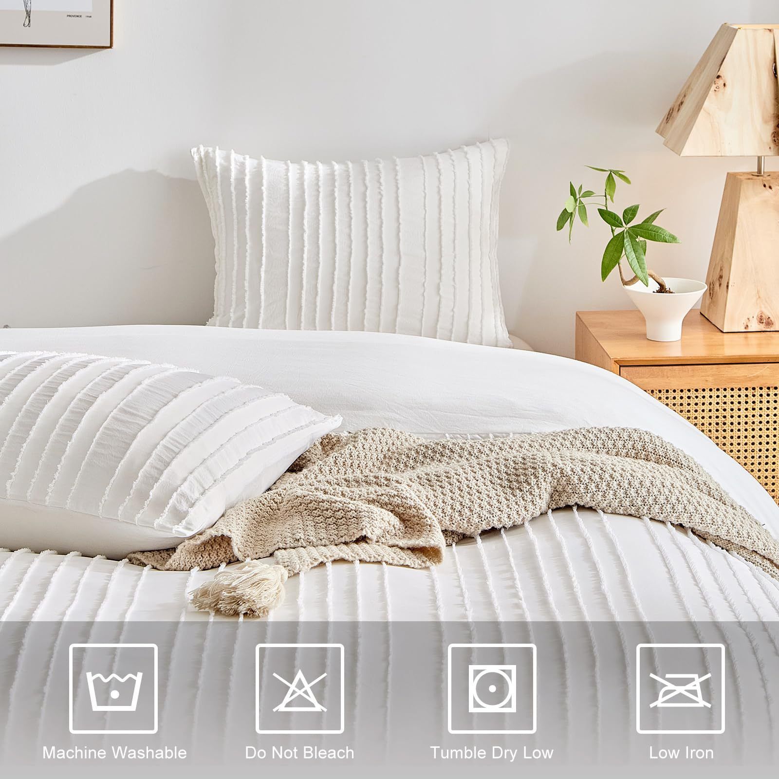 White Tufted Stripe Bedding Set - Single 2 Piece Quilt Cover and Pillowcase Set-(Single)