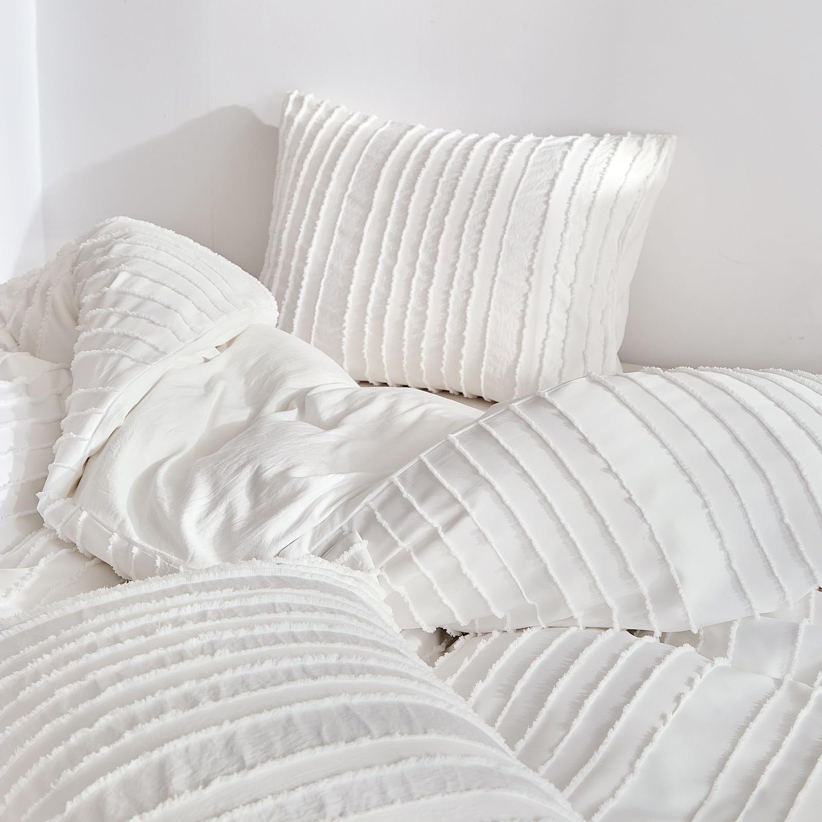 White Tufted Stripe Bedding Set - Single 2 Piece Quilt Cover and Pillowcase Set-(Single)
