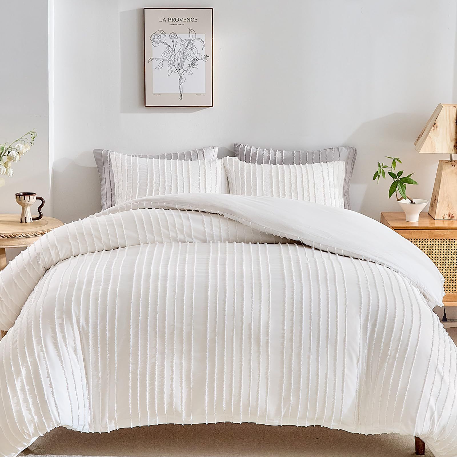 White Tufted Stripe Bedding Set - 3 Piece Quilt Cover and Pillowcase Set -(Double)