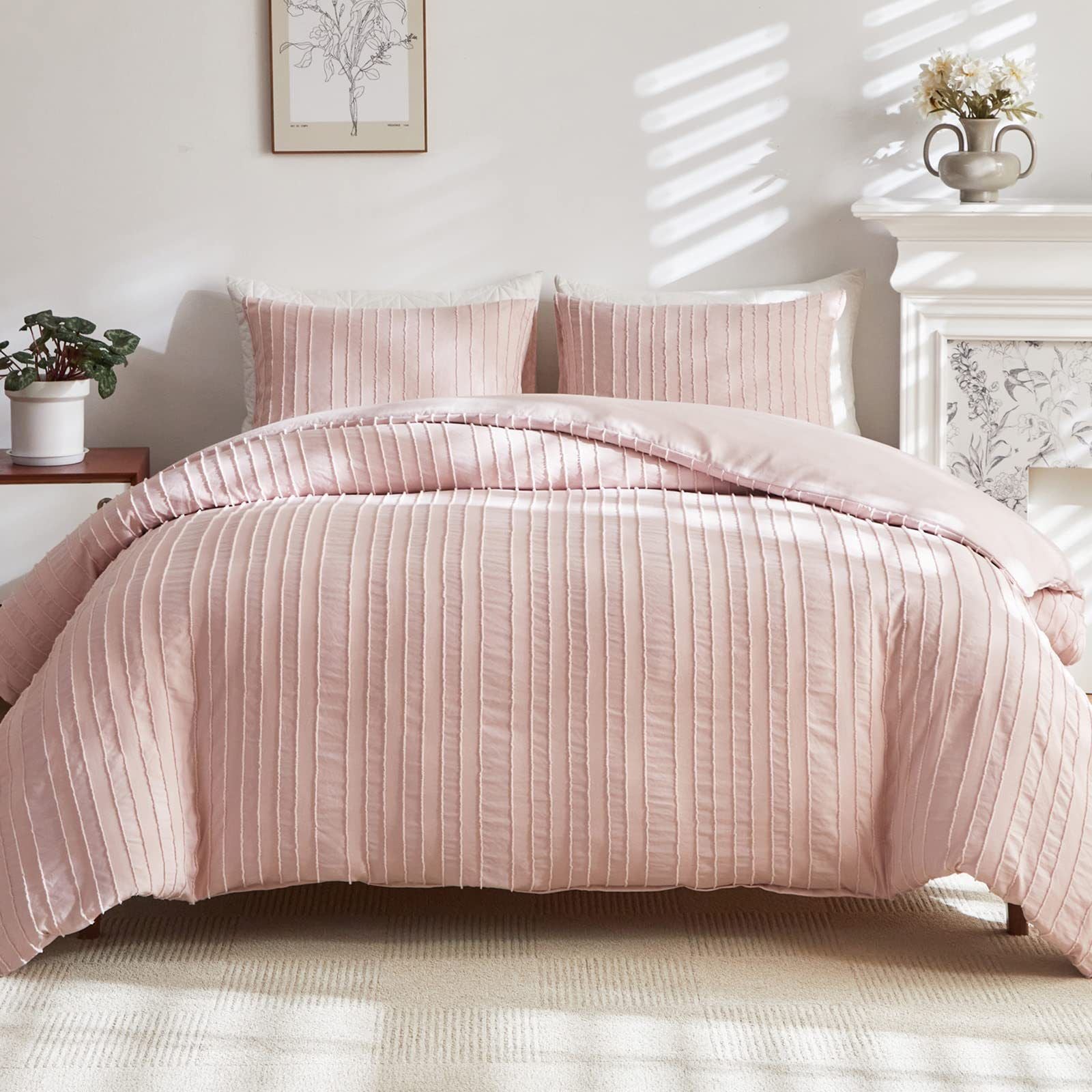 Pink Tufted Stripe Bedding Set - 3 Piece Quilt Cover and Pillowcase Set -(Double)