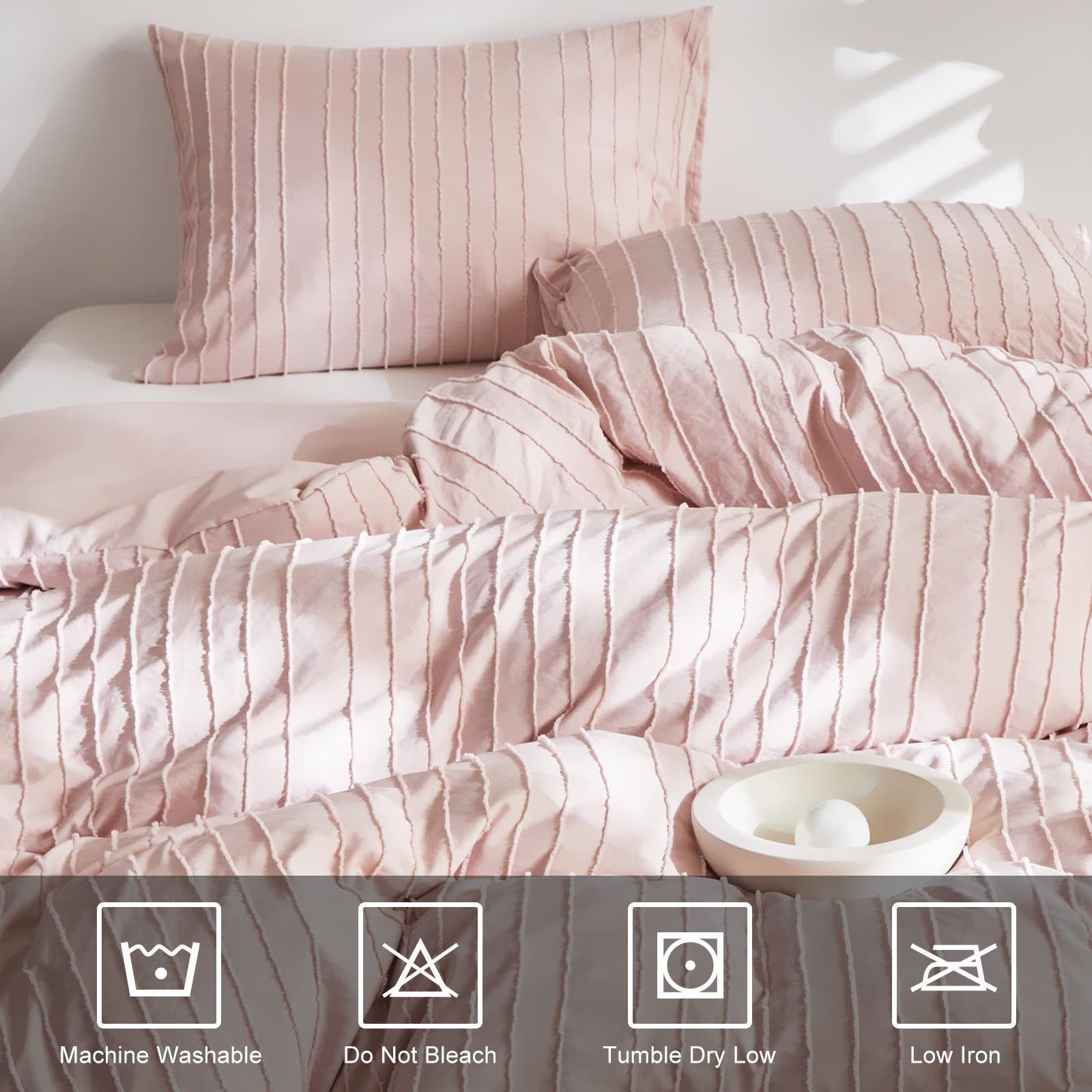 Pink Tufted Stripe Bedding Set - 3 Piece Quilt Cover and Pillowcase Set -(Double)