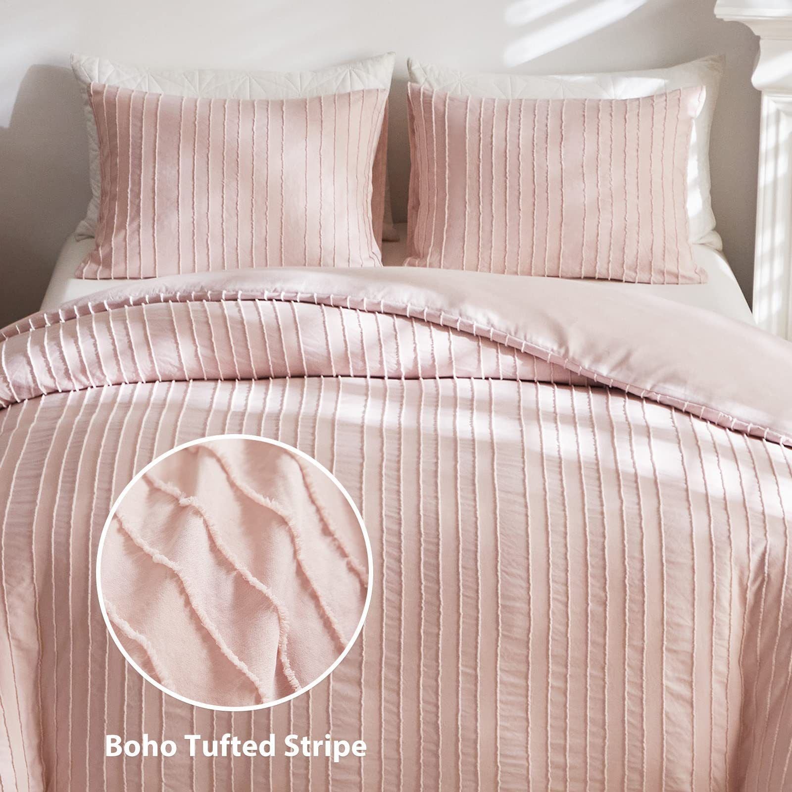 Pink Tufted Stripe Bedding Set - 3 Piece Quilt Cover and Pillowcase Set -(Queen)