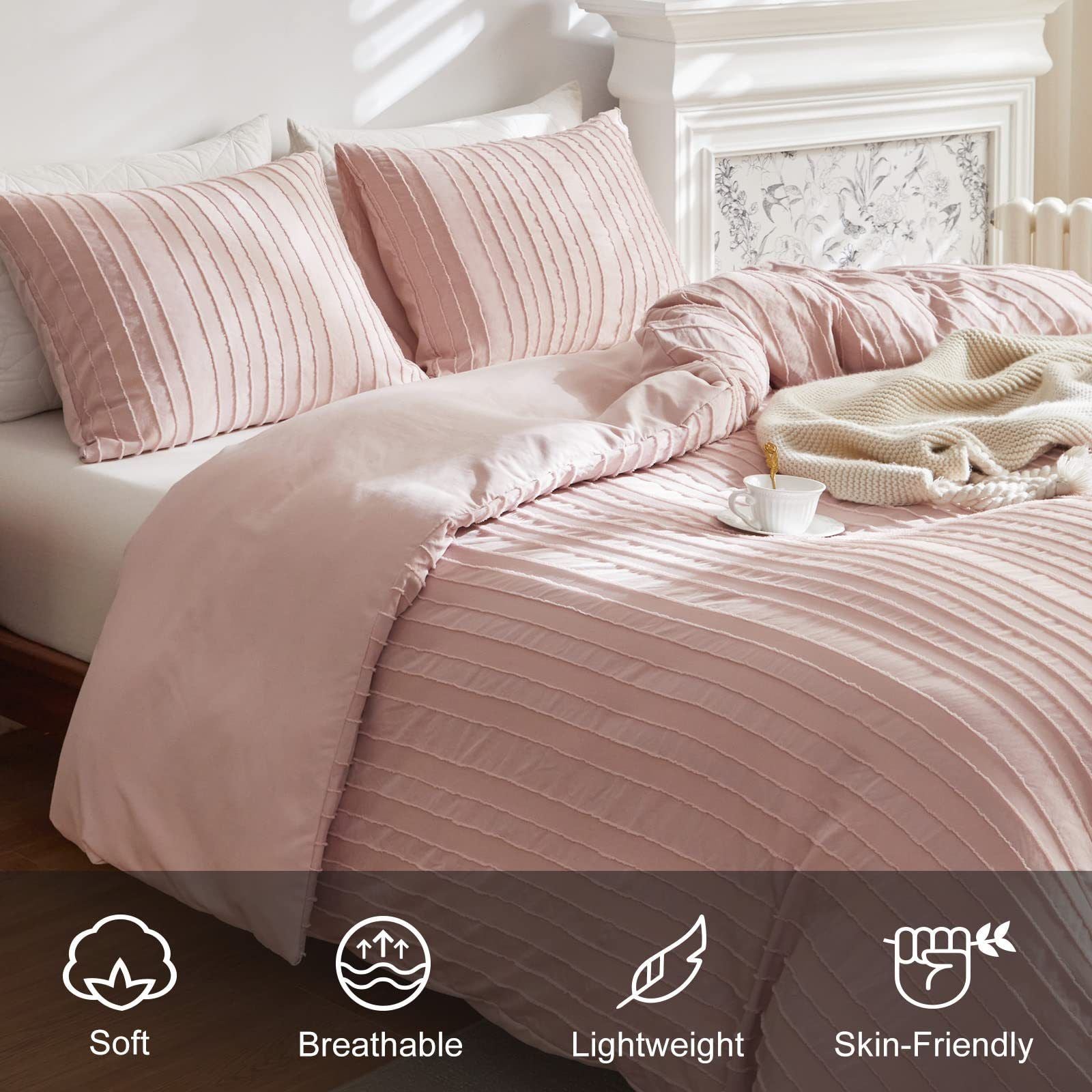 Pink Tufted Stripe Bedding Set - 3 Piece Quilt Cover and Pillowcase Set -(Queen)