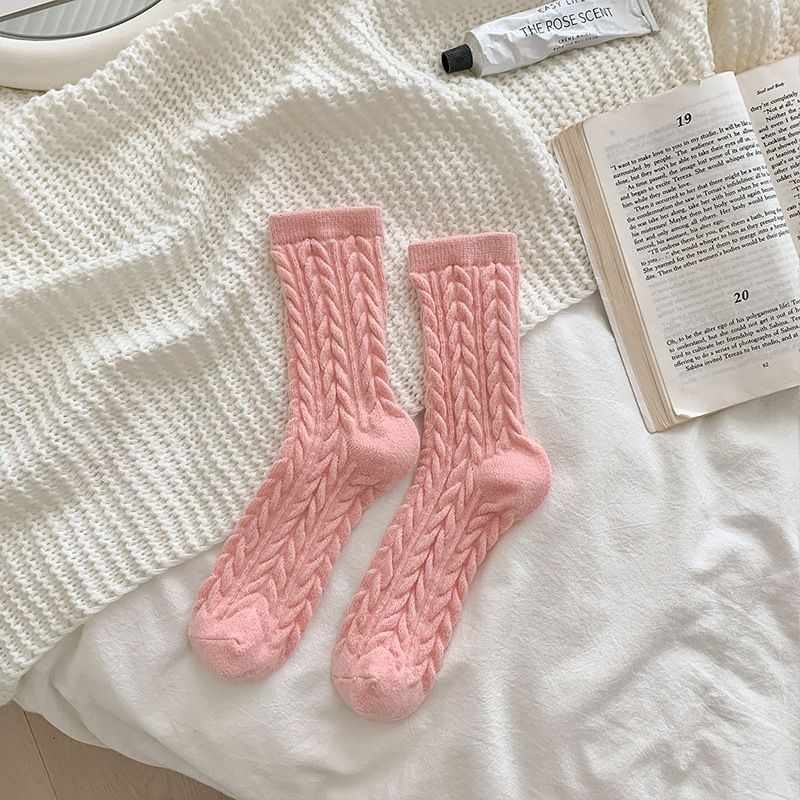 Cable Knit Mid-Calf Socks for Women - 5 Pairs - Stretch Cuff Slouch Style Pink
